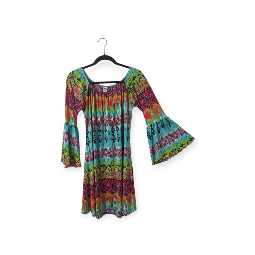 2B Together Mini Dress Womens Medium Multi Ikat Bell Sleeve Boho Off Shoulder